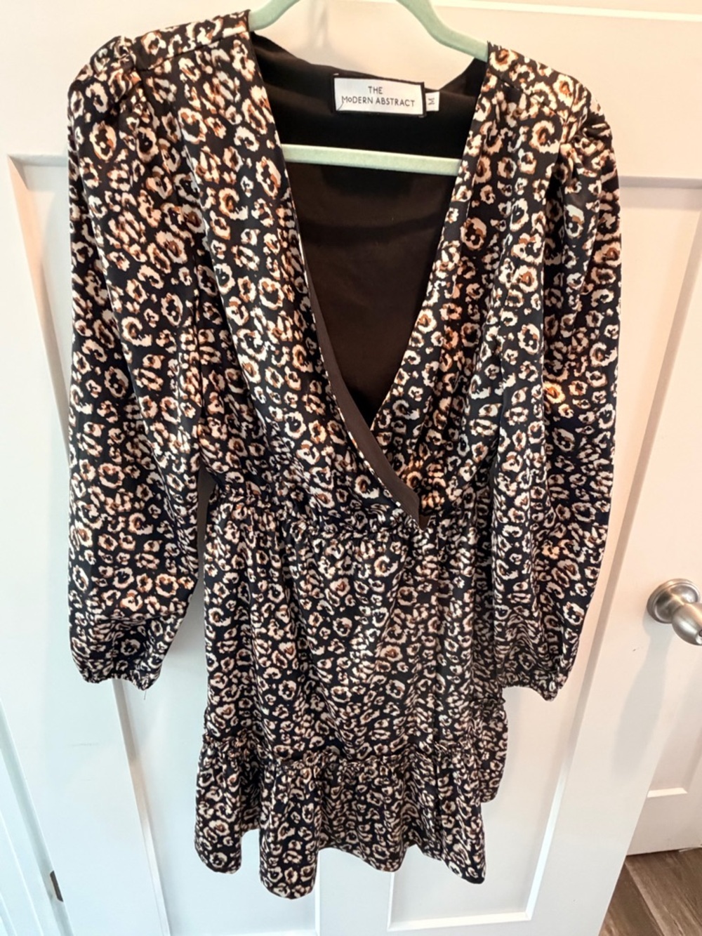 Leopard Print Mini Dress Medium Long Sleeve Wrap Style Ruffle Hem